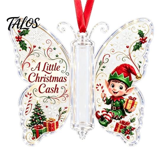 Acrylic Holiday Hanging Decor Butterfly Cash Gift Ornament, Christmas Money Holder with Tree Tags Festive Print, Pendant for Surprise Giving, Keepsake