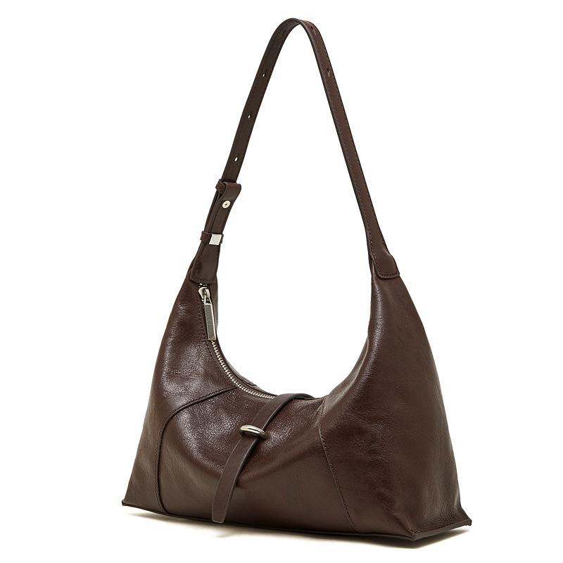 

First Layer Crystal Vegetable Tanned Cowhide Retro Dumpling Bag Genuine Leather Shoulder Underarm Baguette Bag Hobo Women S Bag 30*9* side 21, center 17 темно-коричневого кольору