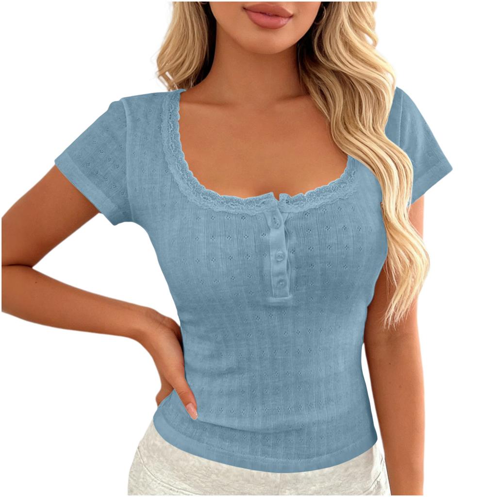 Women Short Sleeve Ribbed Knit Top Lace Trim Square Neck Button Casual Fitted T Shirt Blouse