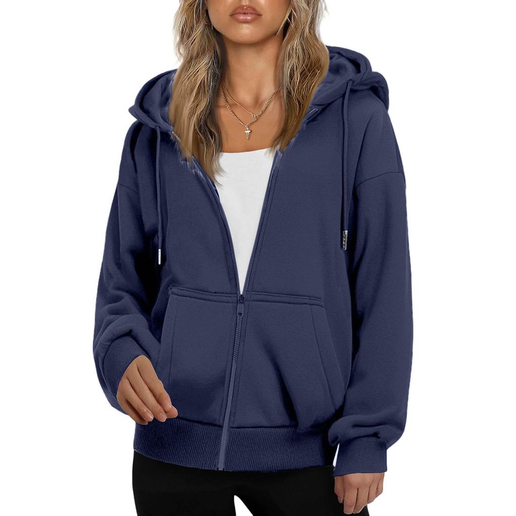 Women's Fashionable Loose Fleece Hooded Casual Cardigan With Zipper Sweatshirt
