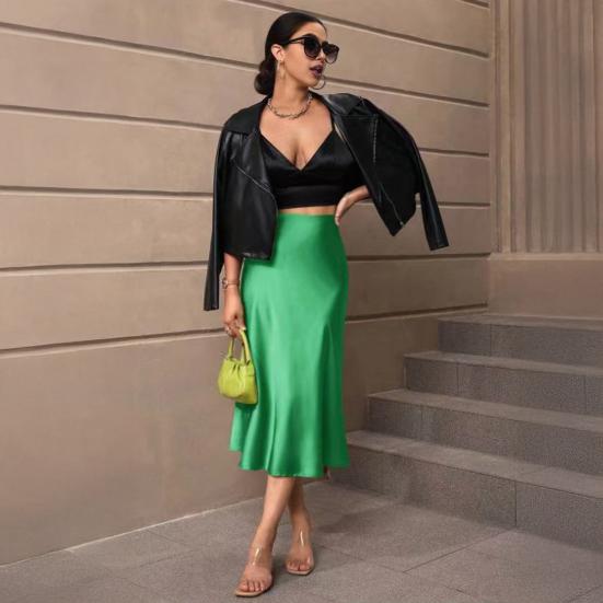 Women Midi Skirt High Waist Smooth Satin Fishtail Hem Slimming Skirt Travel Party Work Leisure Daily Wear