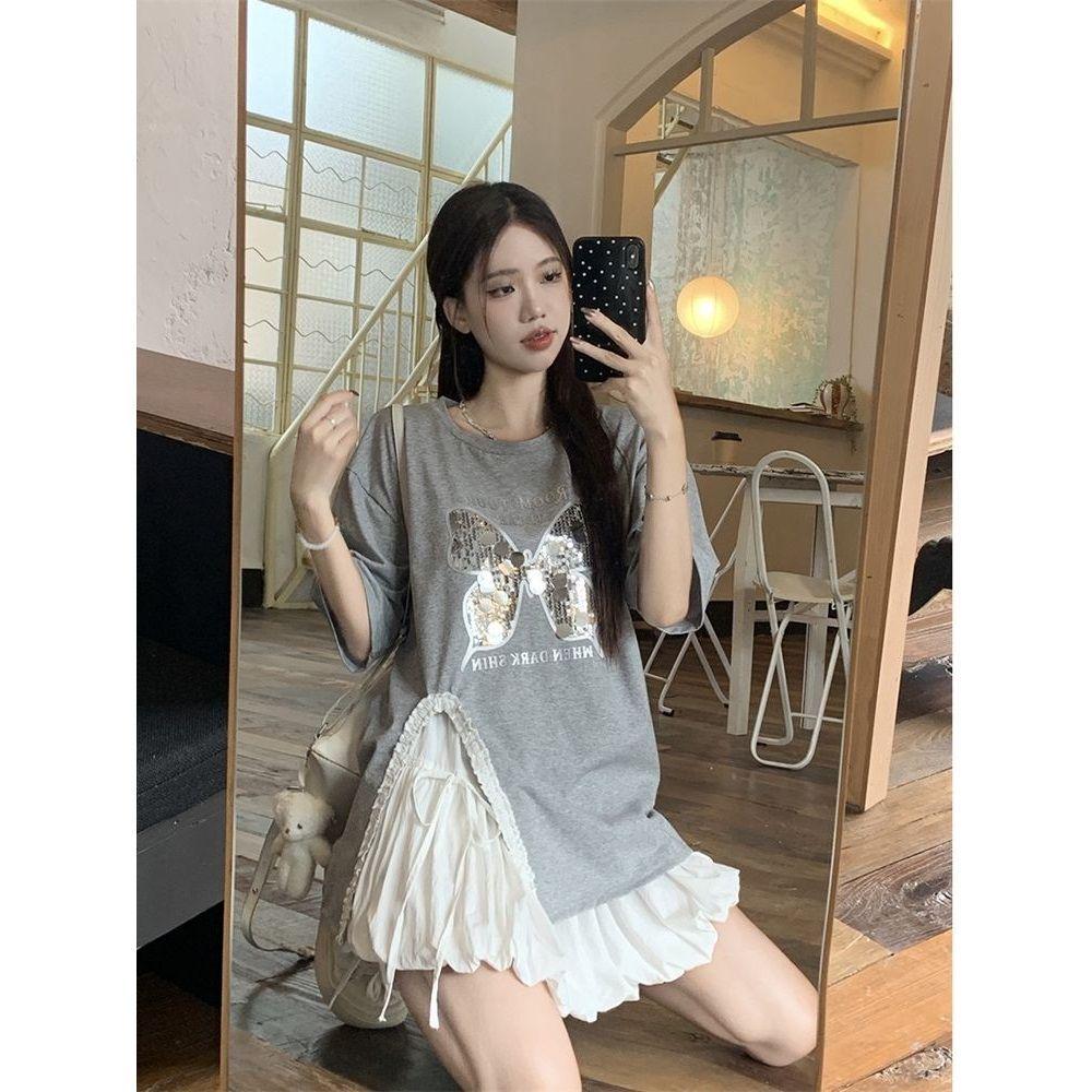 

Butterfly Sequin Side-Split Tee & High-Waisted A-Line Skirt Women s Summer Fashion Set Extra Large