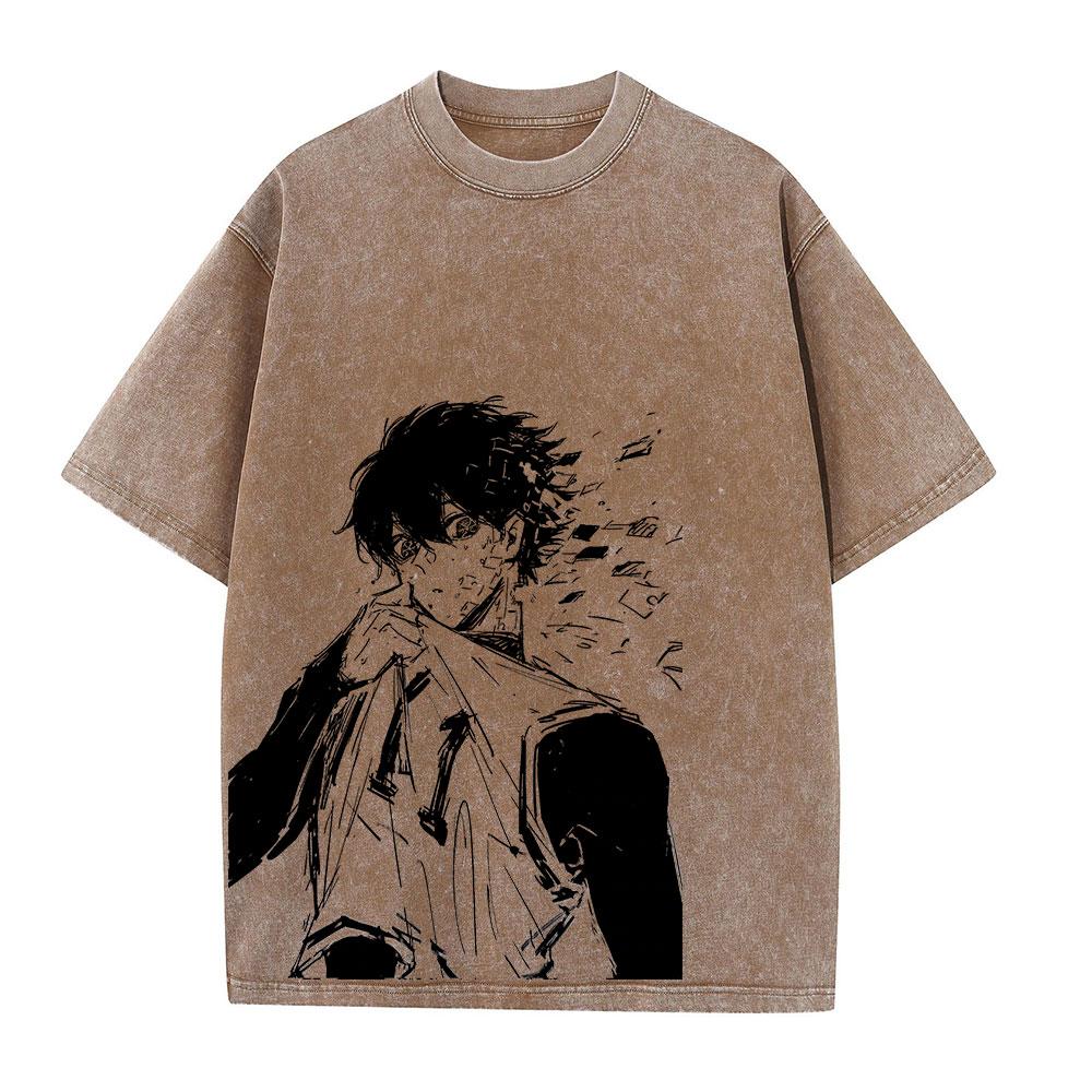 Anime Blue Lock Wash Tshirts Men Vintage Washed T Shirt Harajuku Oversize Cotton Tee Cotton Fashion Streetwear  Top