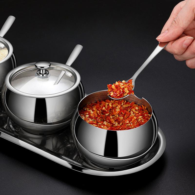 304 Stainless Steel Seasoning Jar Seasoning Box Combination Set Seasoning Storage Tank with Spoon, Refined Salt Tank
