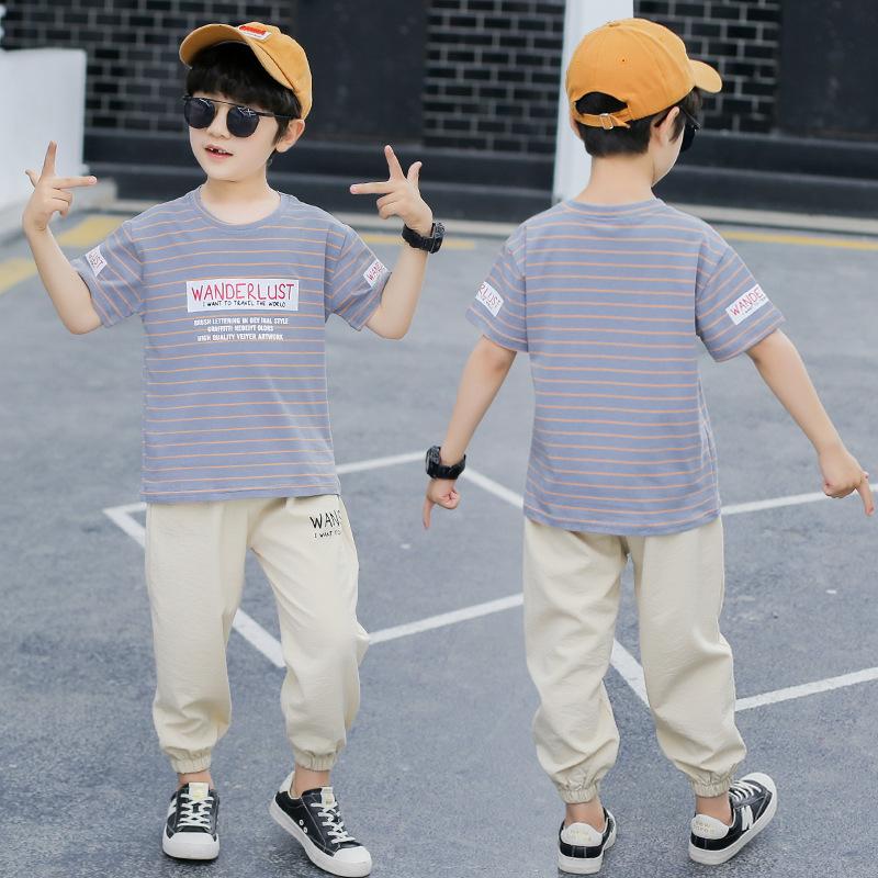 

Летний костюм для мальчиков, детский костюм из двух предметов в полоску, укороченные брюки с короткими рукавами, летняя корейская версия 160cm светло-серый