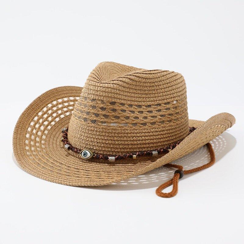 Spring and summer men's and women's hollow straw hats, ethnic style European and American cowboy hats, outdoor sunshade sunscreen hats, travel hats