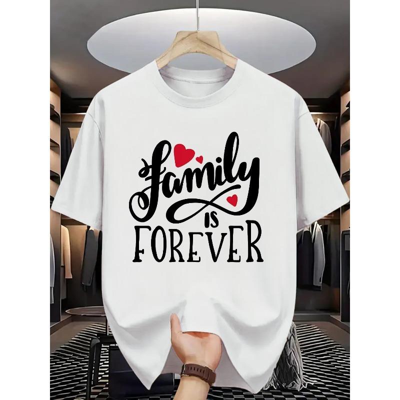 European sizes Men'S Summer Casual Crew Neck T-Shirt,Knit Fabric, Slight Stretch, "Family Forever" Print, Regular Fit Available