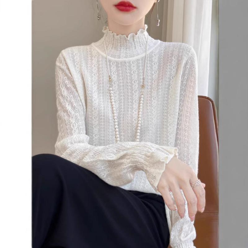 

Wool Base Layer Women s Autumn and Winter Fashionable Lace Design Temperament Knitted Top M білий