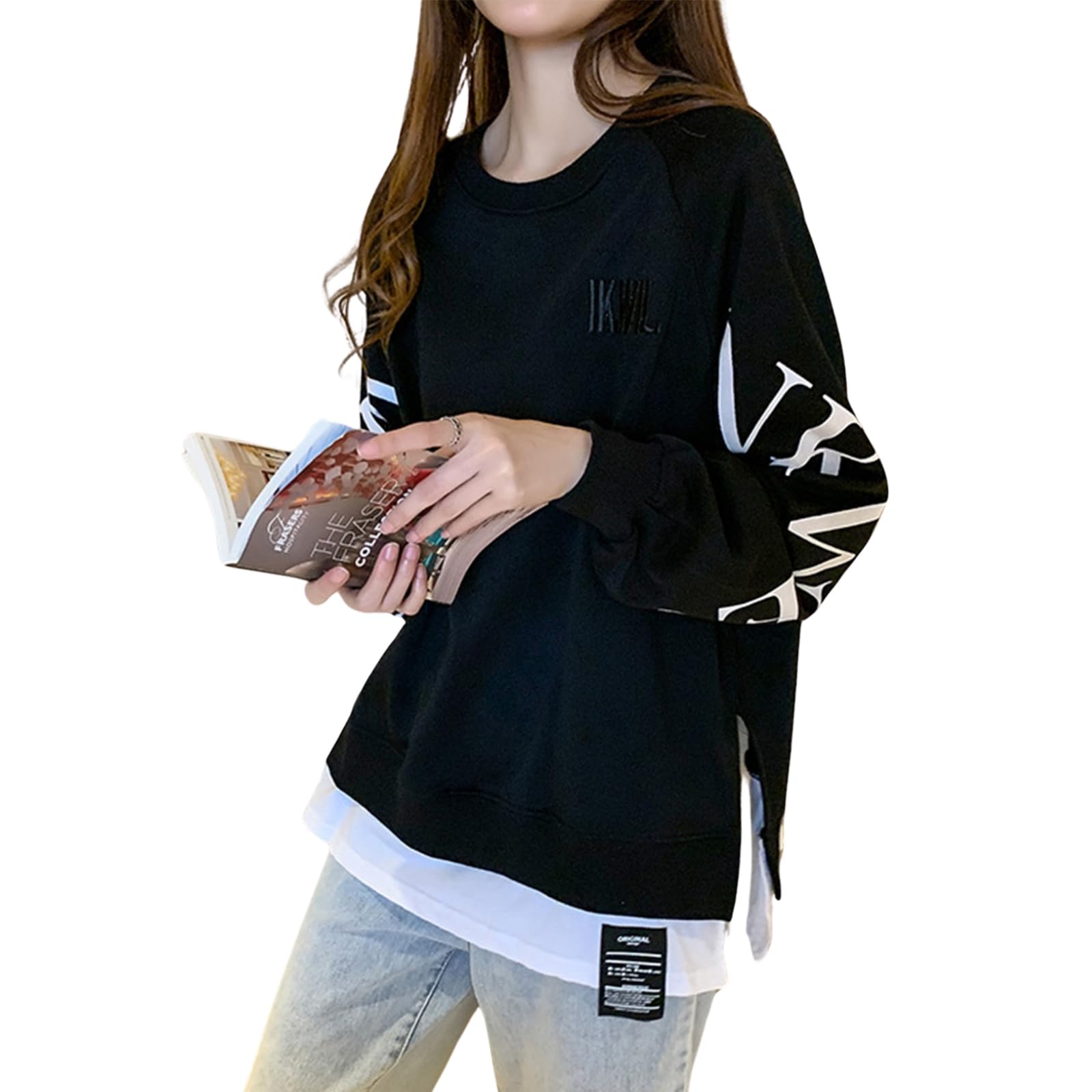 

SeiunAn Pullover Layered Split English Faux Loose Plus Sizes Korean Style Women s Long-Sleeved Sweatshirt, Lightweight, Fall/Winter Top,