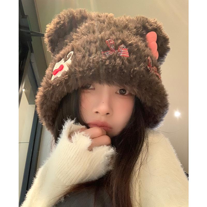 Cute bow bear cat plush hat female autumn and winter show small face warm ear protection big head circumference hat