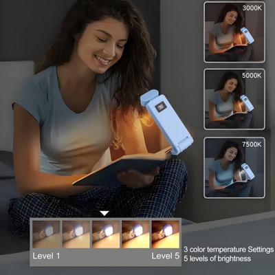 Clip Type Reading Light Rechargeable Portable USB-C Fast Charging Foldable 3 Color Temp 5 Brightness Levels LED Indicators Bed Light