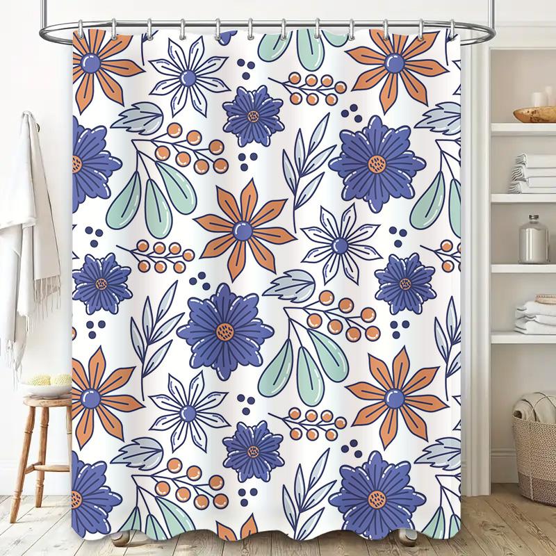 Artistic Blue Floral Shower Curtain with Green Accents for Bathroom Decor Polyester Fabric, Waterproof Bath Coverings, Size 180x