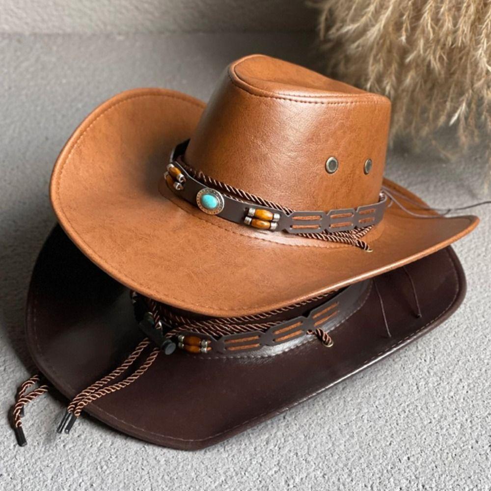 Vintage Western Cowboy Hats Solid Color Dress Hats Casual Tibetan Style Top Hat  Unisex