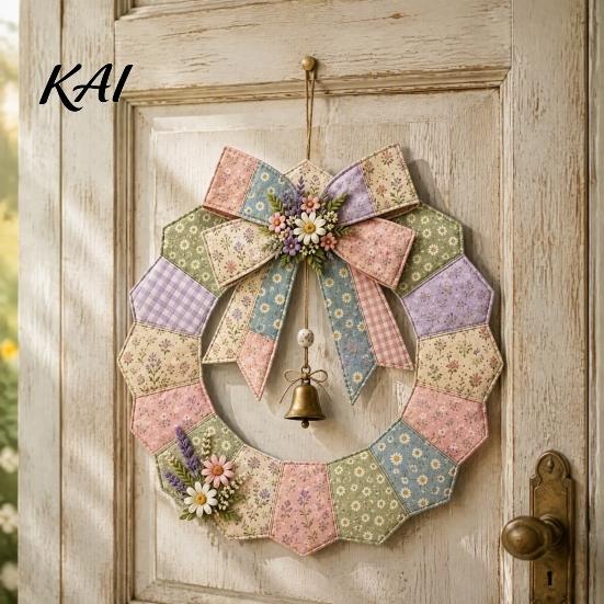 Pastoral Style Home Decoration DIY Patchwork Garland Crafting Kit, Retro Floral Fabric Set with Bells Spring Seasonal Door Ornament And Simulated