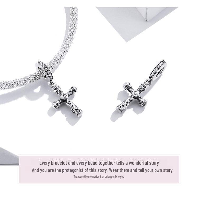 S925 Silver Vine Cross Pendant - European & American Style, Retro Pattern DIY Jewelry Accessory (BSC313)