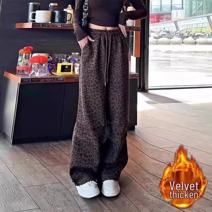 

Plus Size Leopard Print Wide-Leg Pants for Spicy Girls, M-6XL, High Waist, Loose Fit, Plus Velvet, Autumn/Winter Collection. XL
