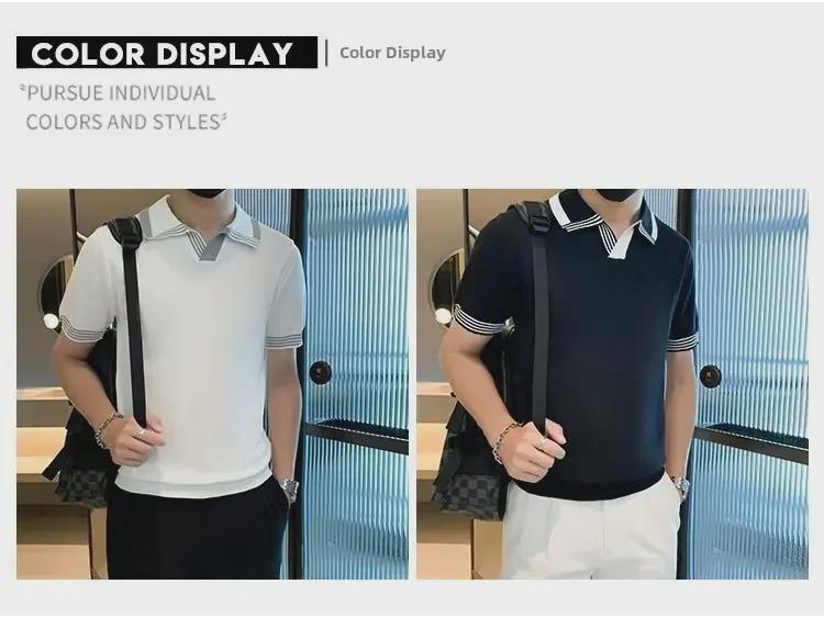2024 Summer High-Quality Contrast Color Slim V-Neck Ice Silk Polo Shirt