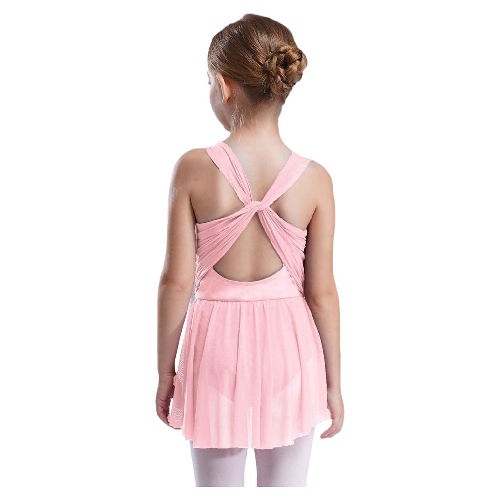 Girls Lyrical Dance Dress Cross Mesh Overlay Cutout Back Design Shiny Rhinestones Irregular Hem Figure Skating Gown
