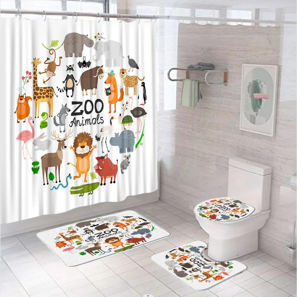 Tiger Shower Curtain Set Tropical Palm Leaf Wildlife Animal Jungle Zebra Leopard Bathroom Curtains Rug Bath Mat Lid Toilet Cover