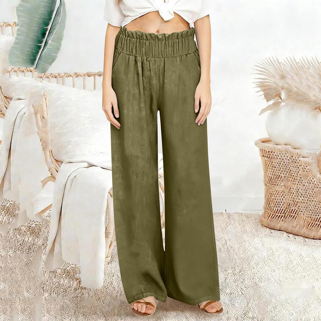 Casual linnen broek met wijde pijpen voor dames, elastische taille, veelzijdige zakelijke casual palazzo broek met zakken.