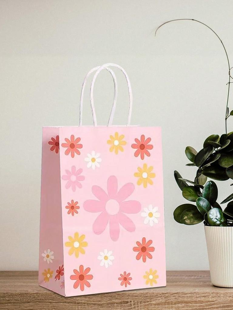 SHEIN 12pcs Sun Flower Theme Gift Bags Kraft Gift Bags Bulk Birthday Bags For Party Goody Gift Bags,Festival Wedding Gift Bag