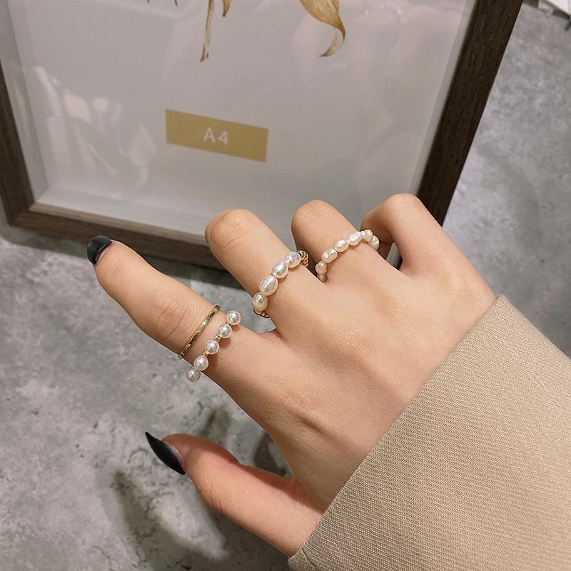 Dongdaemun Irregular Pearl Circle Three-Piece Ring Set for Women
