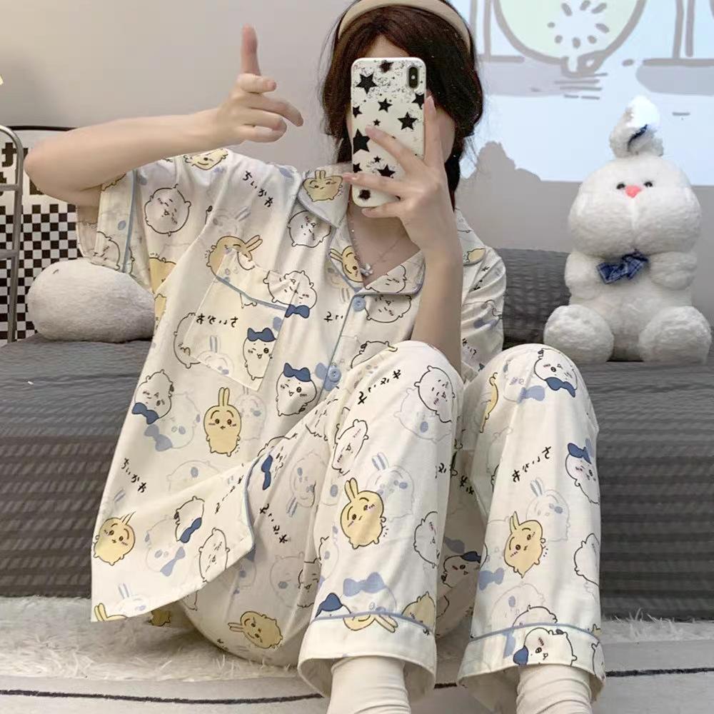 Chiikawa Pajamas Three-piece Set Summer Women's Short-sleeved Trousers Cute Usaki Small Eight Loungewear Spring and Autumn