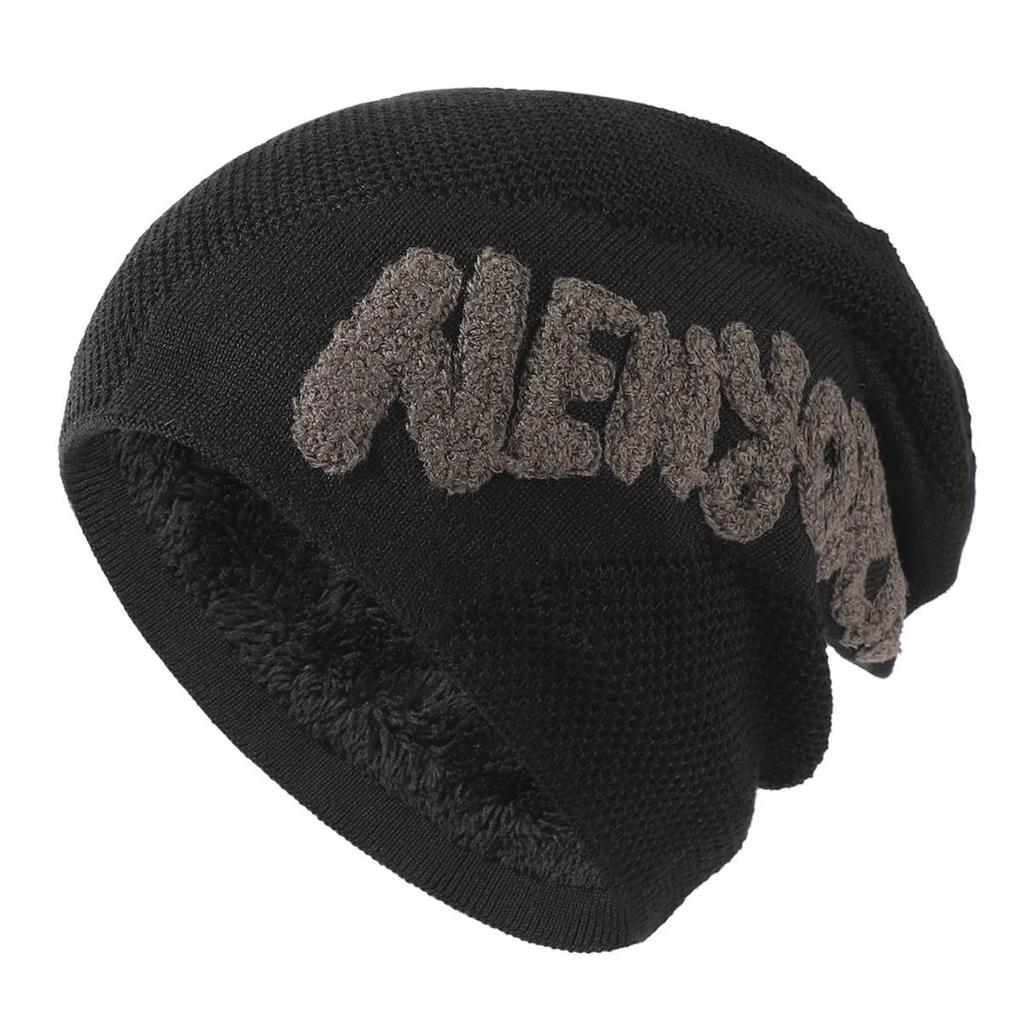Unisex Fashion NEW YORK Letter Beanie Hat  Men & Women Plush Fur Lined Thick Warm Ski Winter Hat