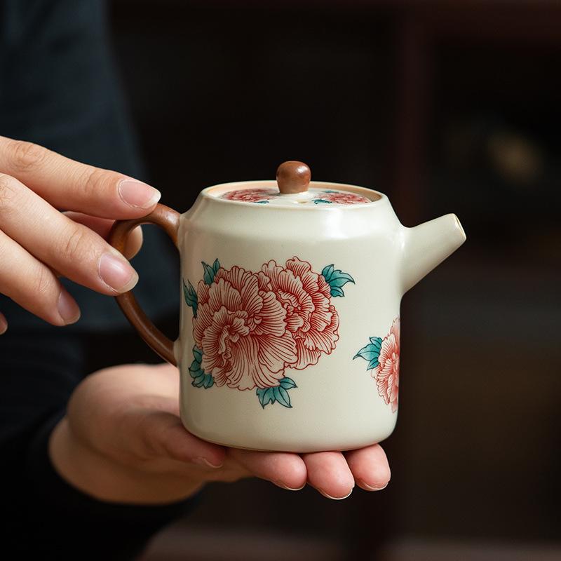 Retro Peony Flower Ceramic Teapot: Anti-Scald Design, Straight Body, Kung Fu Tea Set