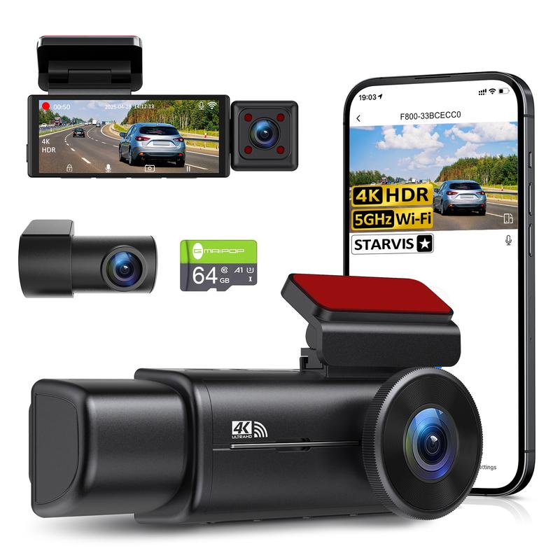 4k 3 channel dash cam , Starvis sensor dash camera front rear,24/7 parking mode,night vision ,64GB card included