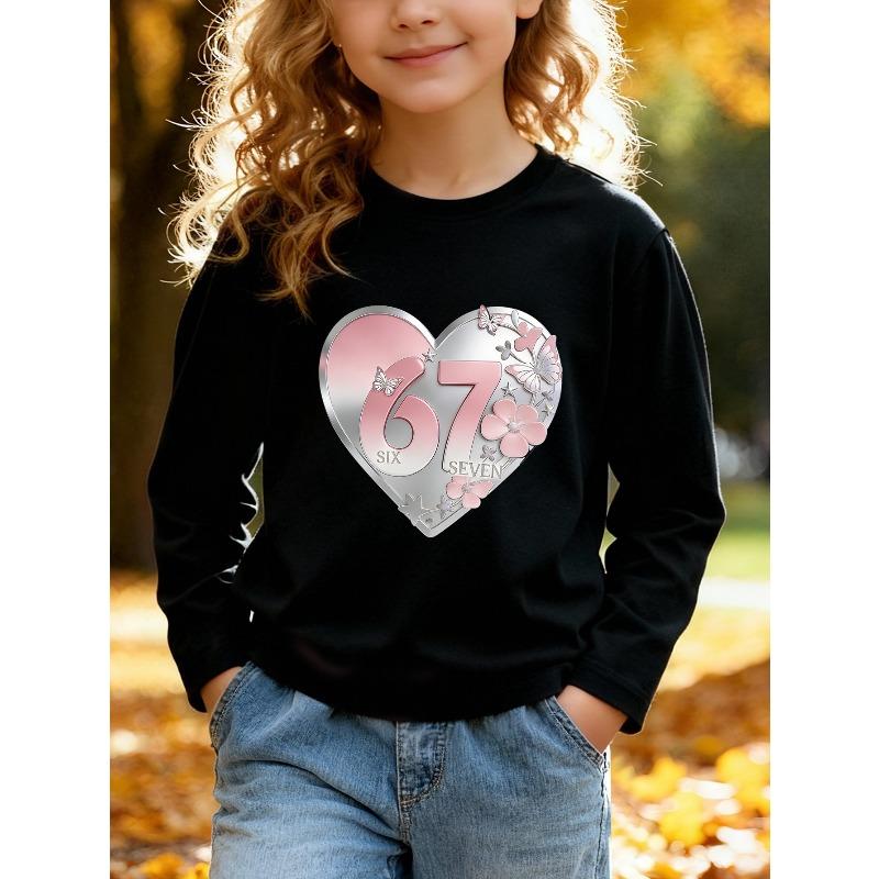 Kids Unisex Crewneck Sweatshirt, 3D Metal Pink Heart Butterfly Floral 67 SIX SEVEN Print Long Sleeve Pullover, Soft Sweatshirts for Boys Girls Ages 4+