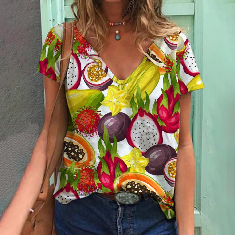 Tropical Plant Fruit 3D Printing T-shirt Summer Women's V-neck T-shirt Street Women's Clothing
