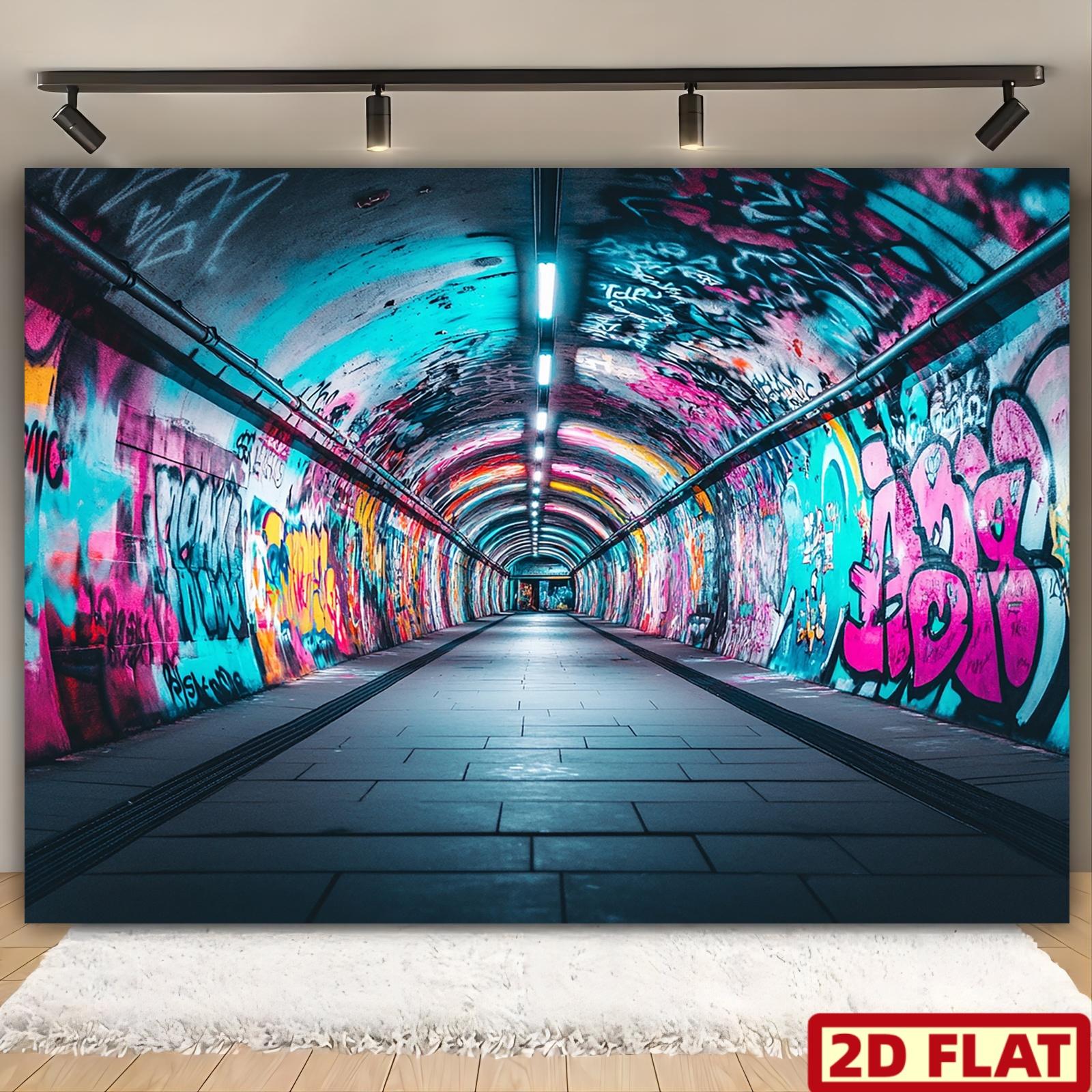 Urban Graffiti Tunnel Street Art Tapestry Neon Color Spray Paint Underground Passage City Vibe Hip Hop Culture Wall HangingDecor 74x94cm(29x37in)