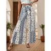 Casual Vacation Style Lace-up Geometric Floral Print Wide-leg Pants for Women
