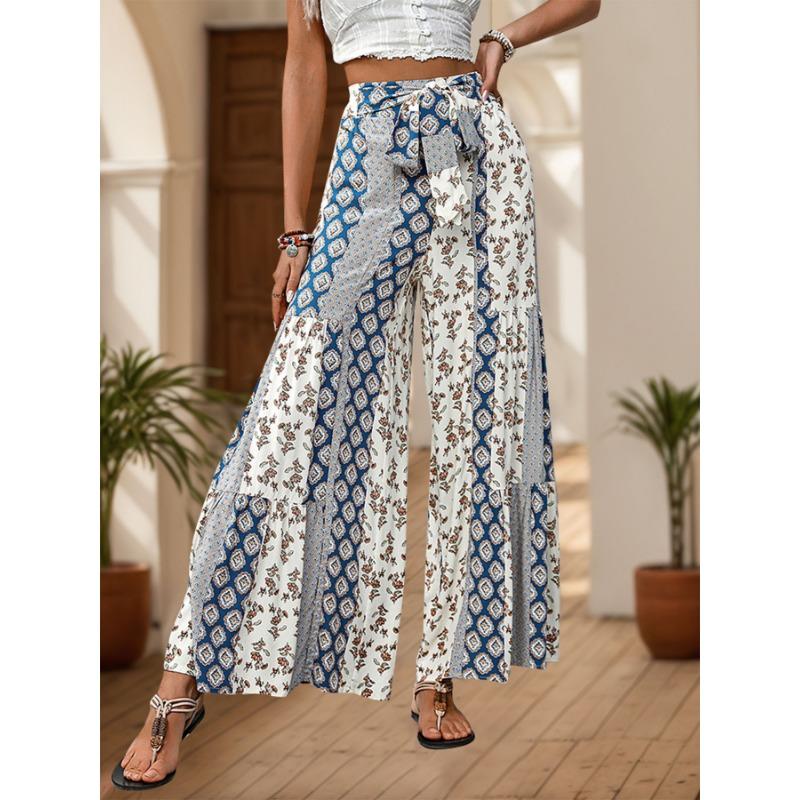 Casual Vacation Style Lace-up Geometric Floral Print Wide-leg Pants for Women