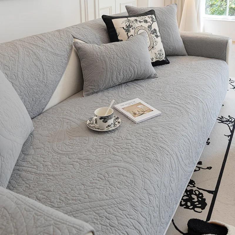 Blue Washed Cotton Sofa Cushion Solid Color Anti Slip Jacquard Couch Cover Beige Modern All-season Universal Cover Cloth Towel