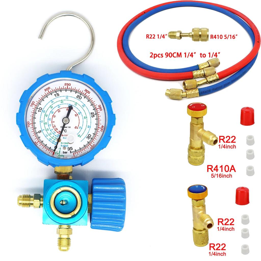 Manifold Meter Kit for R22/R410A/R134A/R404A Air Conditioner Manifold Meter High and Low Pressure Chiller Tool with Sight Glass