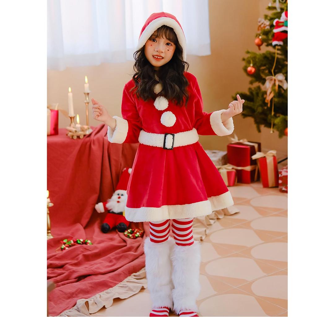 Santa Cosplay for Cute Christmas Santa Claus Costume with Fluffy Santa Claus Cosplay Costume for School and Performances [easylivegogo] Kids, Girls,