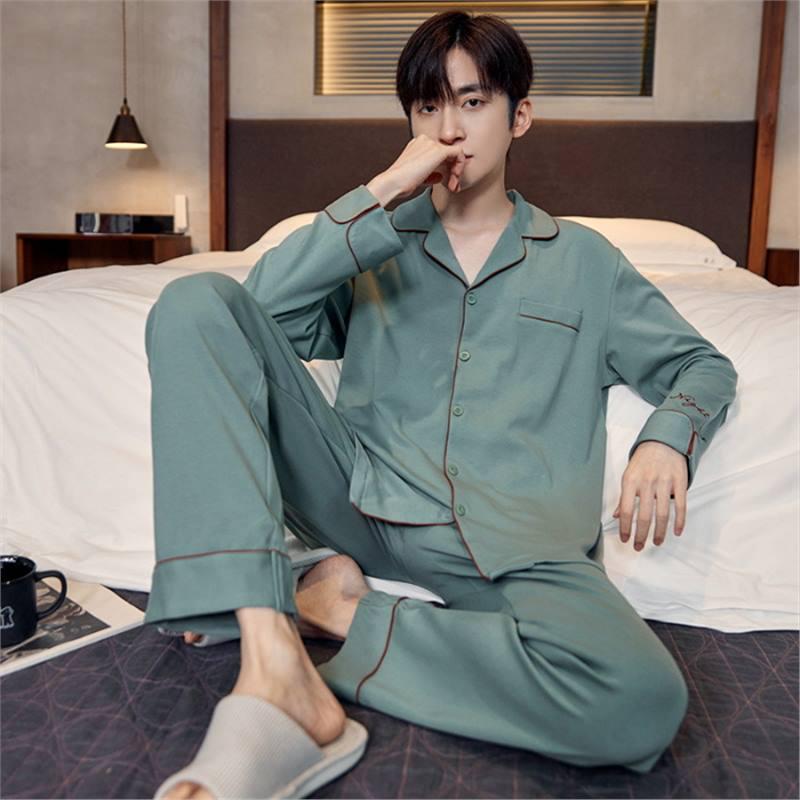 Men's Korean Style Cotton Cardigan Pajama Set - Long Sleeve & Pants for Spring & Autumn, Wearable Outdoors