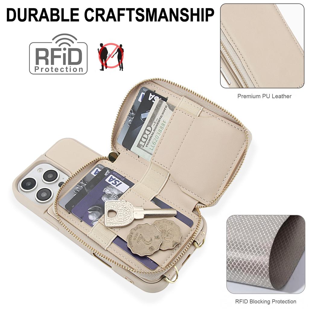 For iPhone 16 Pro Case RFID Blocking Zipper Wallet Leather + TPU Phone Cover with Shoulder Strap