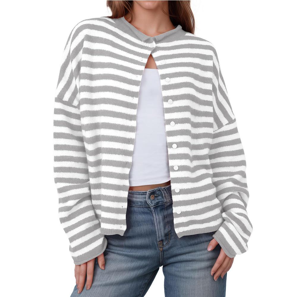 Women s Crew Neck Long Sleeve Cardigan Loose Fit Streetwear Striped Knit Sweater S