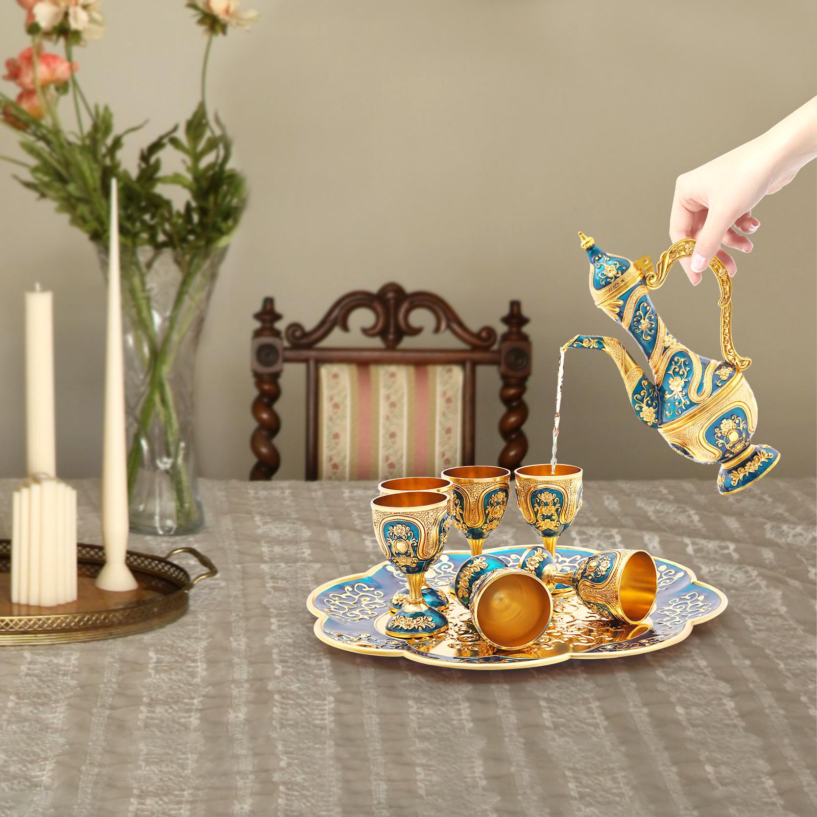 

Vintage Blue & Gold Tea Set W/ Tray(1 Teapot & 6 Cups),Zinc Alloy Wine & Coffee Service Set,Elegant Bar Decor for Tea,Cocktails