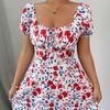 European and American Women's Clothing New Square Collar Printed Bubble Sleeve Dress