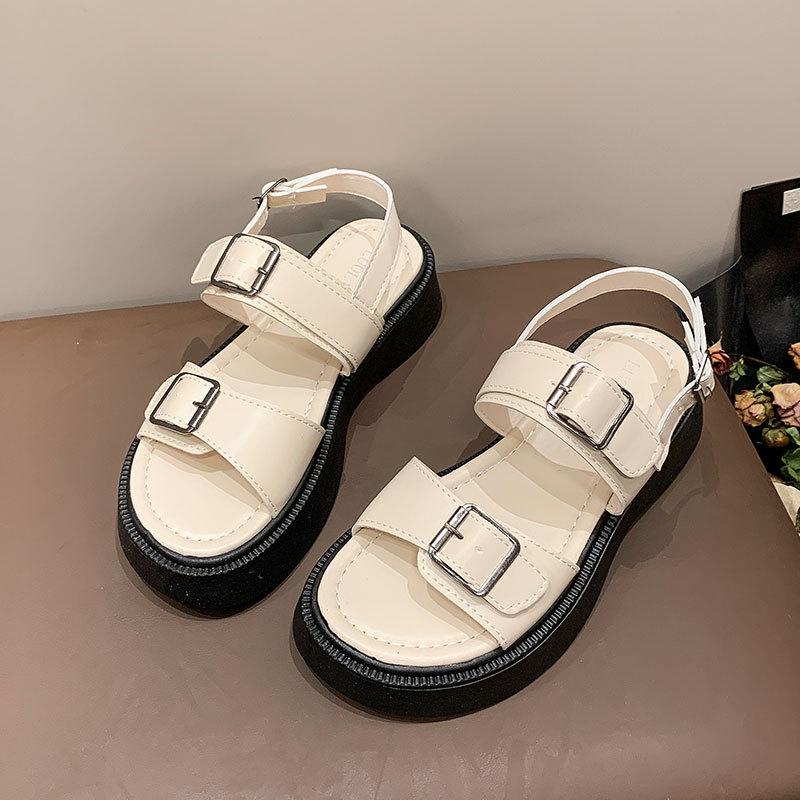 Muffin thick-soled one-word sandals women's summer new belt buckle versatile student casual Roman shoes