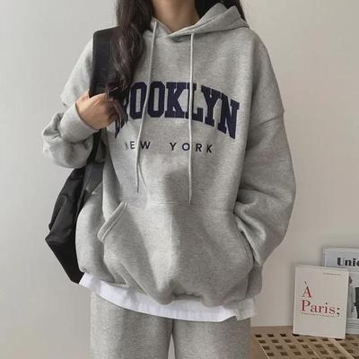 Sudadera con capucha con letras bordadas coreanas para mujer - Corte holgado, Gruesa, con felpa, Adecuada para primavera, otoño e invierno.