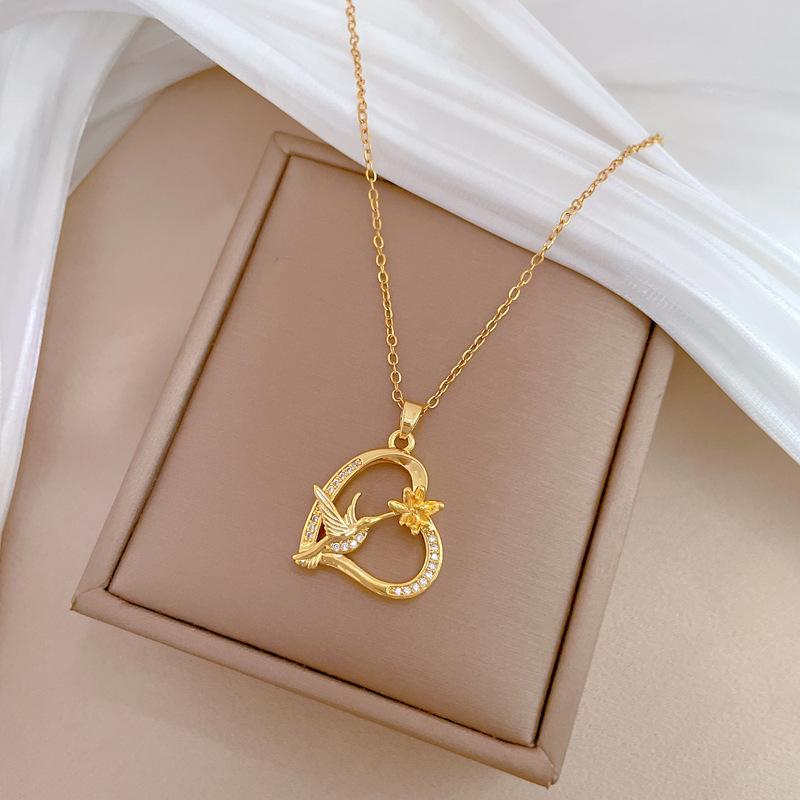 Swallow With Flowers Light Luxury Temperament Gorgeous Full Diamond Necklace Female Versatile Collarbone Chain Titanium Steel Chain