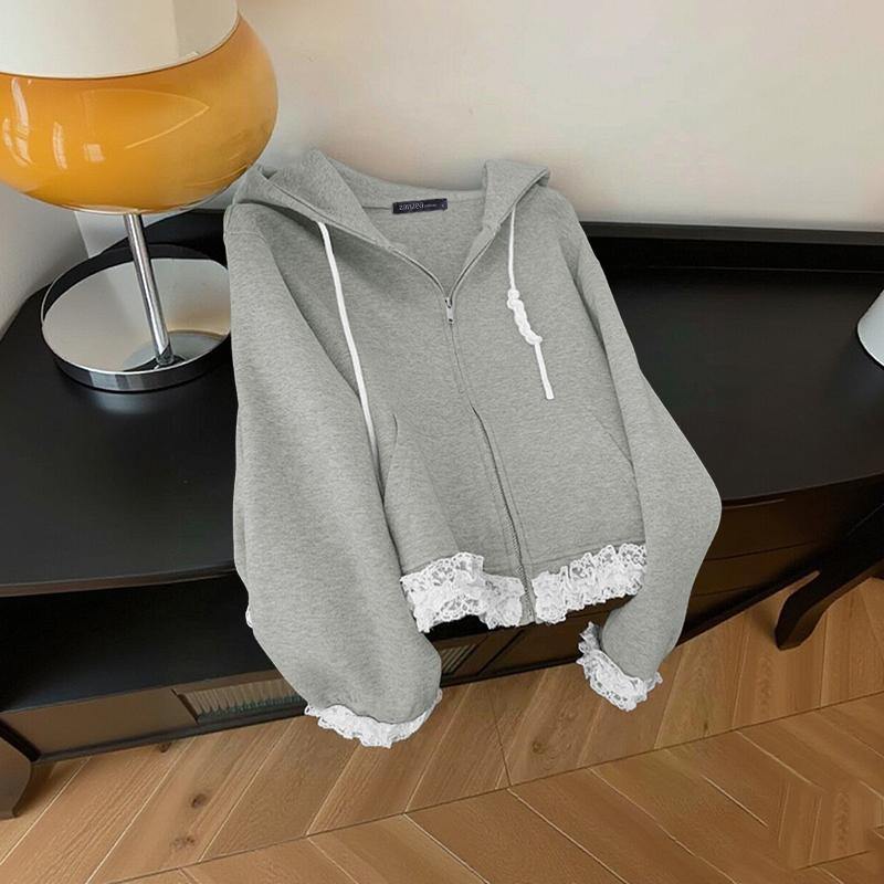 

ZANZEA Женские повседневные худи с длинным рукавом, кружевной вставкой и молнией 5XL серый