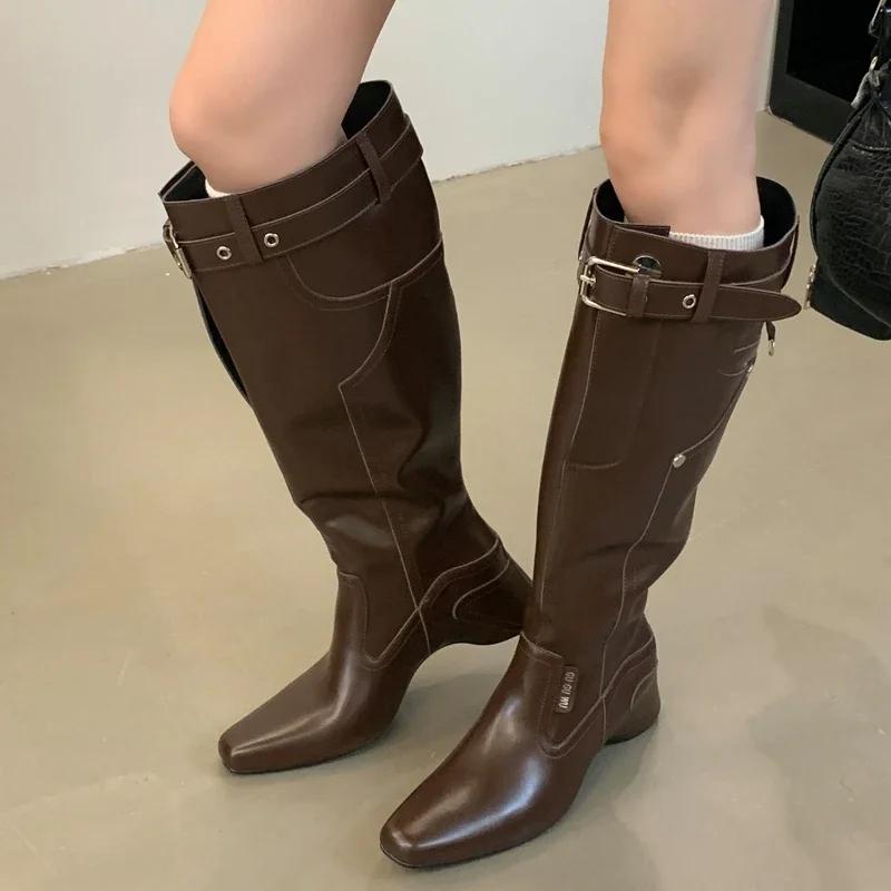 Eilyken New Wedges Heels Women Knee High Boots Designer Belt Buckle Long Booties Street Winter Shoes Zapatos De Mujer
