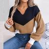 Casual Women Autumn Winter Knit Pullover Sweater Long Sleeve Polo Collar Contrast