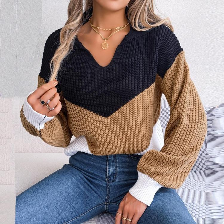 Casual Women Autumn Winter Knit Pullover Sweater Long Sleeve Polo Collar Contrast